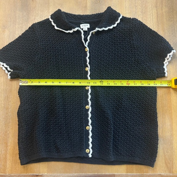 J. Crew Black Crochet Knit Button Up Short Sleeve Collared Shirt Top Size L - Picture 5 of 14